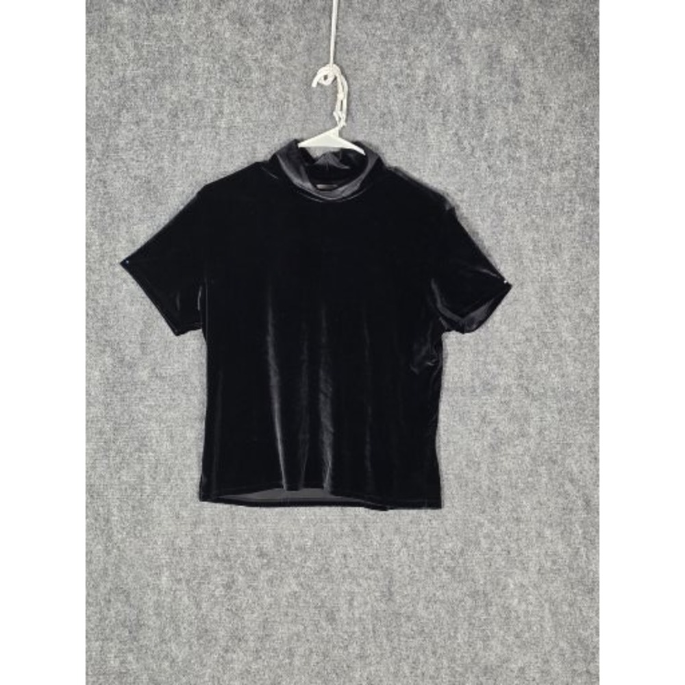 J. Crew Black Velvet Mock Neck Short Sleeve Top Sz L Punk Goth Casual Streetwear